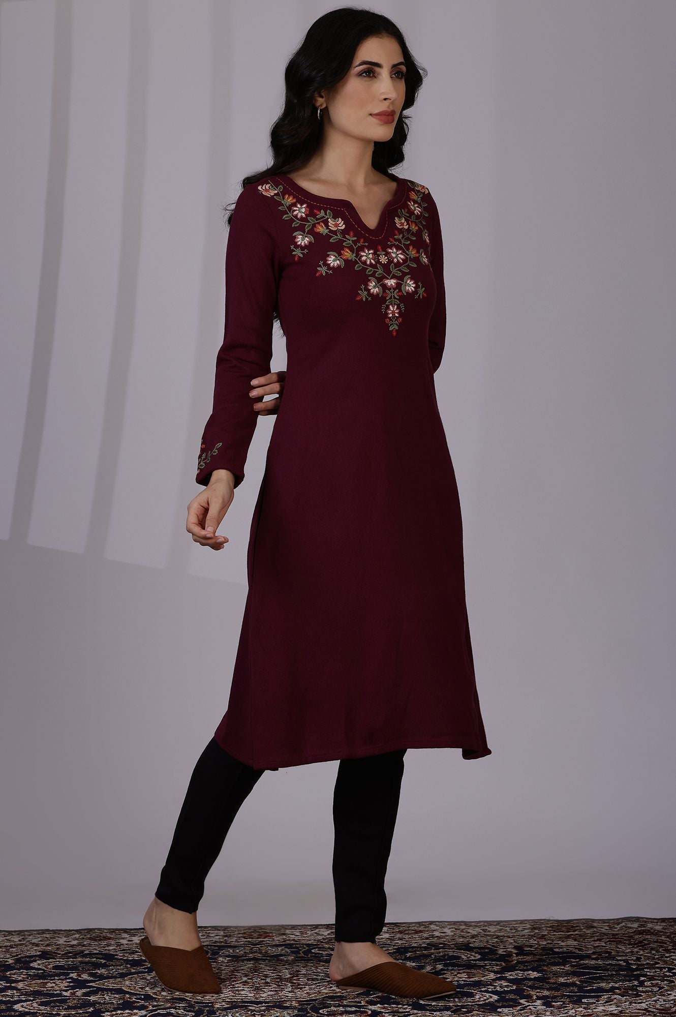 W Floral Embroidered Notch Neck A-Line Kurta