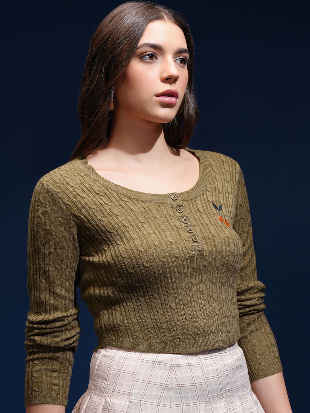Tokyo Talkies Women Self Design Cable Knit Pullover