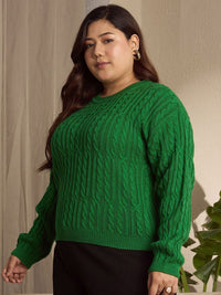 Berrylush Curve Women Plus Size Cable Knit Round Neck Pullover Sweater