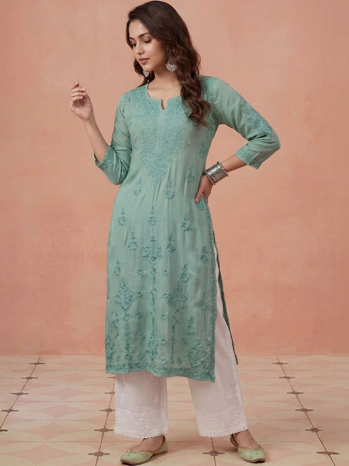 House of Chikankari Solid Green Embroidered Modal Pockets Kurta