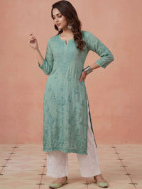 House of Chikankari Solid Green Embroidered Modal Pockets Kurta