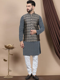 Anouk Geometric Embroidered Regular Cotton Straight Kurta With Churidar & Nehru Jacket