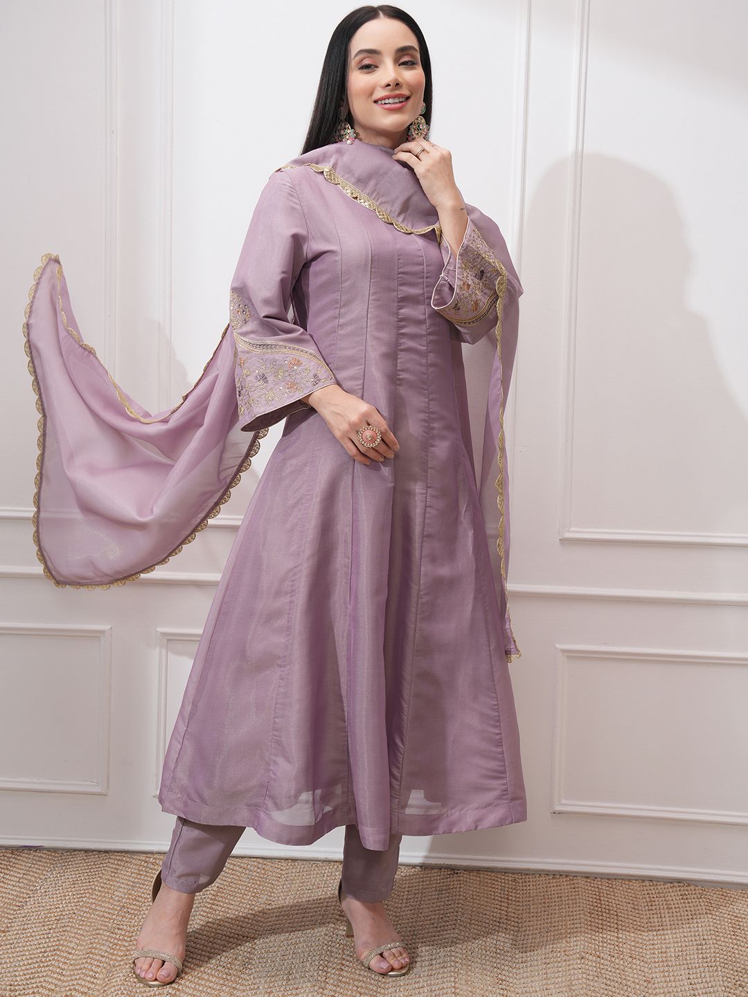Vishudh Women Ethnic Motifs Embroidered Regular Kurta with Trousers & With Dupatta
