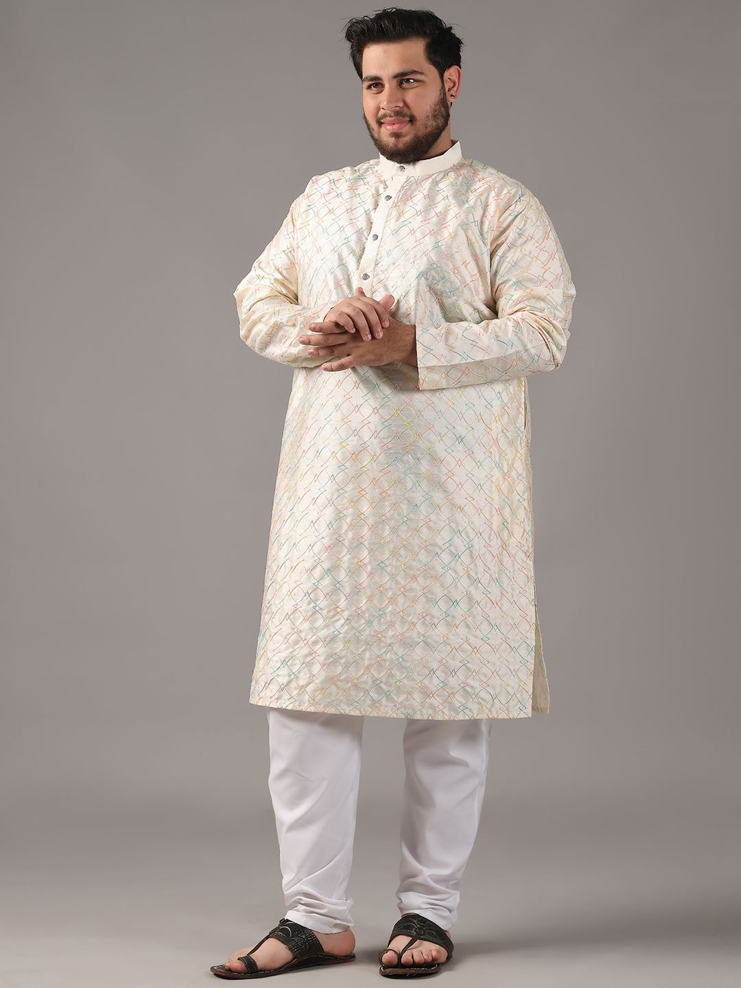 SOJANYA PLUS Plus Size Lelaki Motif Etnci Sulam Kurta Lurus Dengan Piyama