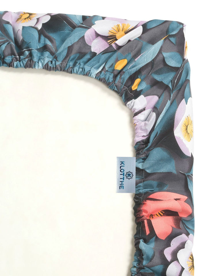 KLOTTHE Blue Floral Printed Fitted 300 TC Double King 7D Bedsheet With 2 Pillow Cover
