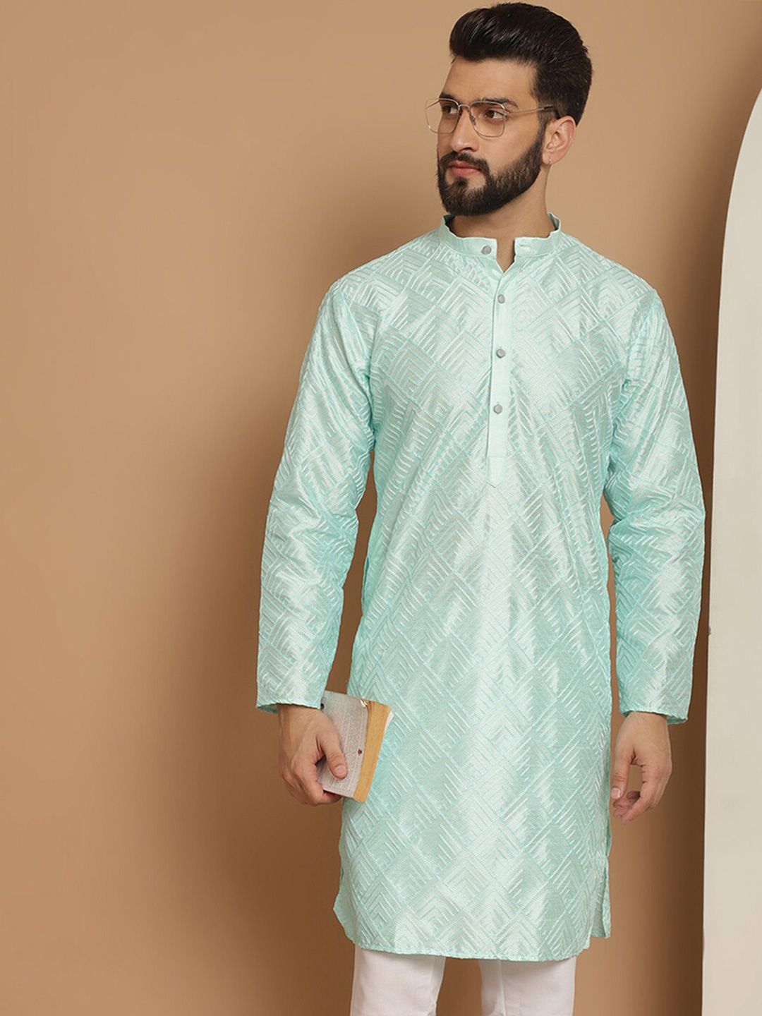 Anouk Sea Green Geometric Embroidered Thread Work Detailed Silk Cotton Straight Kurta