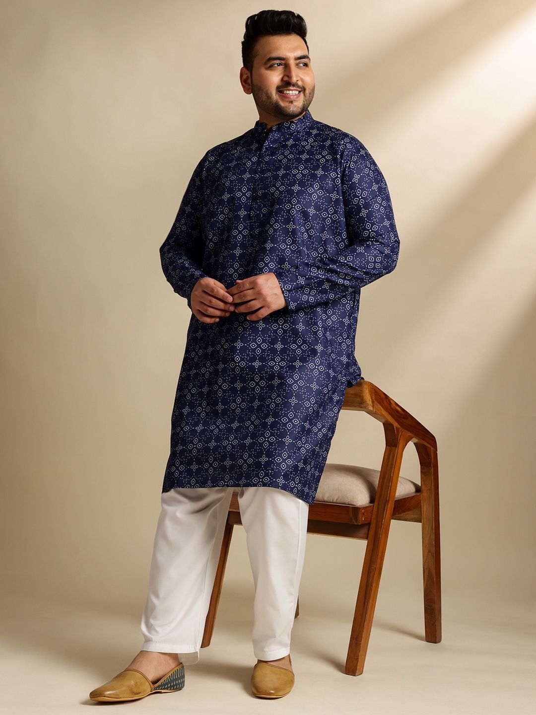 SOJANYA PLUS Ethnic Motifs Printed Mandarin Collar Straight Cotton Linen Kurta