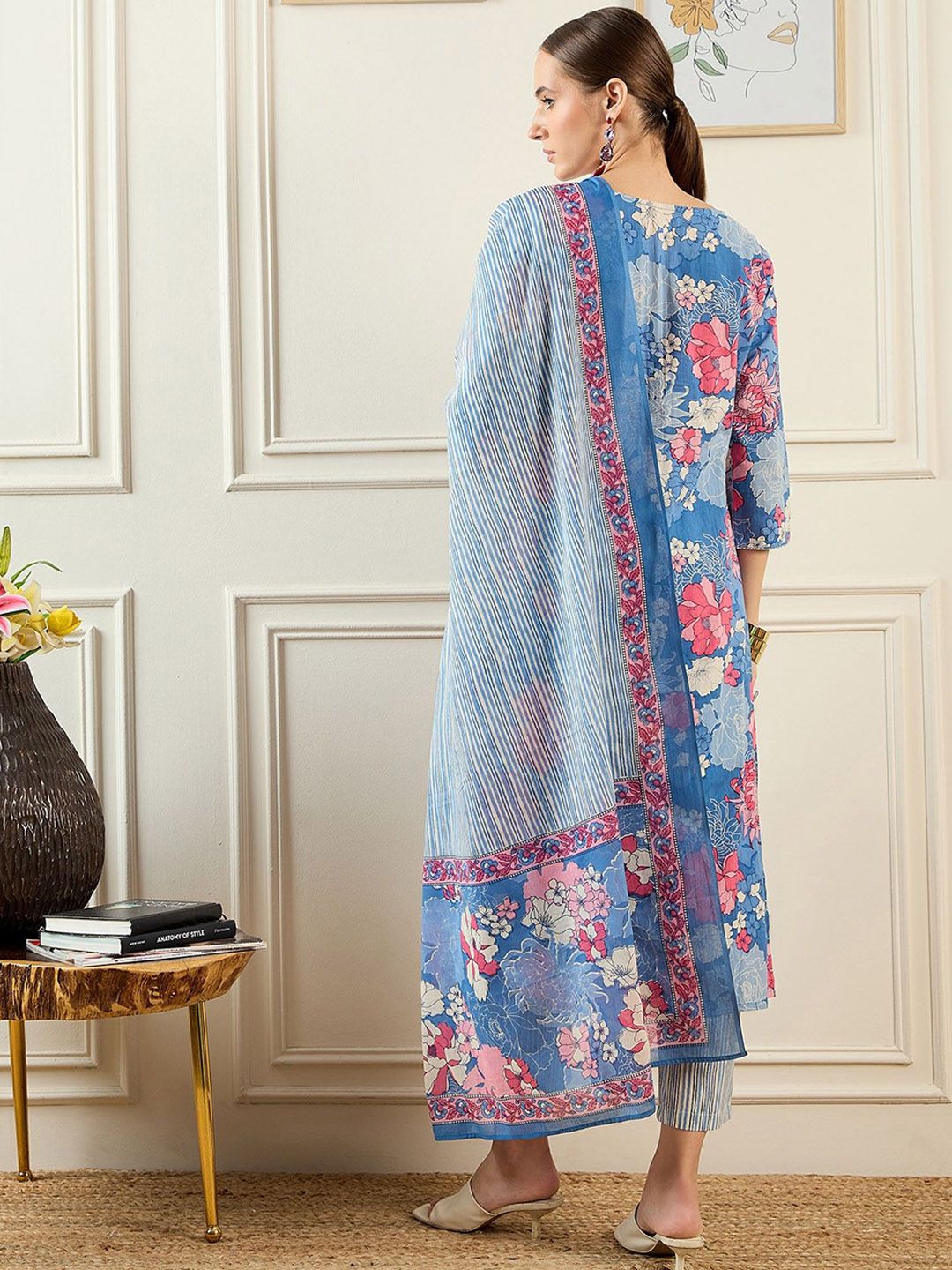 Indo Era Floral Printed Pure Cotton Kurta With Trousers & Dupatta