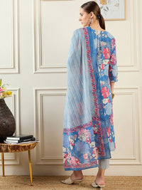 Indo Era Floral Printed Pure Cotton Kurta With Trousers & Dupatta