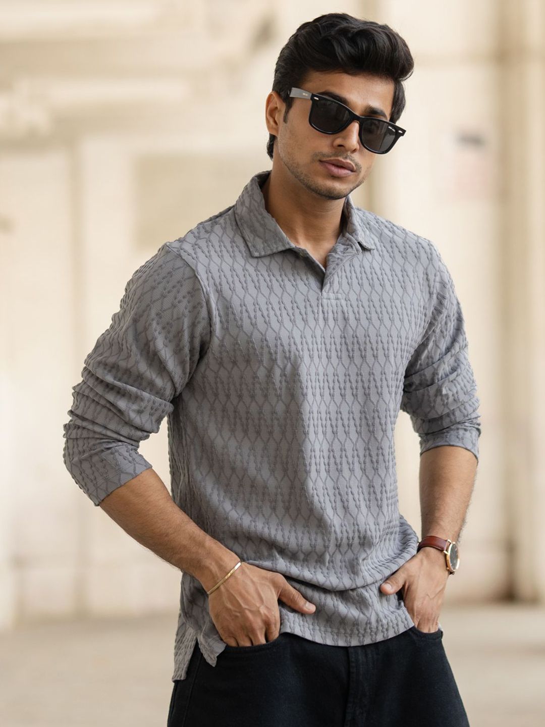 Powerlook Men Self Design Polo Collar T-shirt