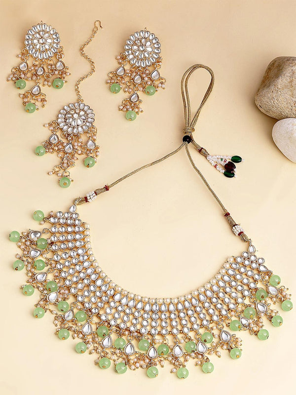 KARATCART Gold-Plated Lime-Green Kundan-Studded Choker Handcrafted Jewellery Set