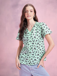 DressBerry Floral Print Crochet Detail Flared Sleeves Shirt Style Top