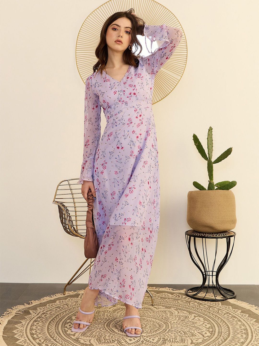 Berrylush Floral Printed Bell Sleeve Chiffon A-Line Maxi Dress