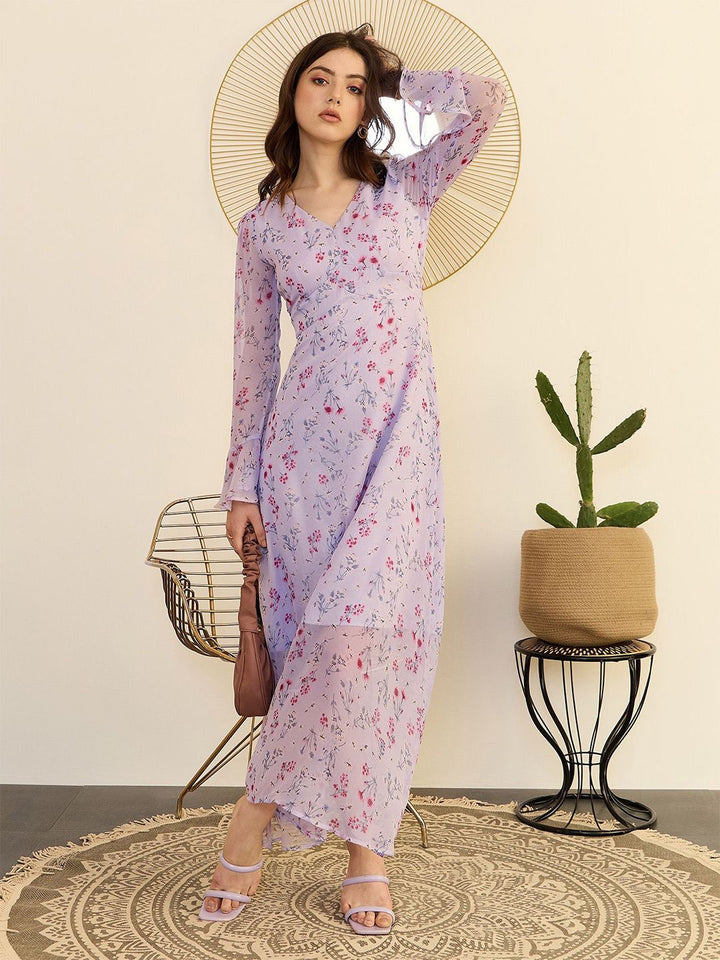 Berrylush Floral Printed Bell Sleeve Chiffon A-Line Maxi Dress