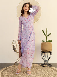 Berrylush Floral Printed Bell Sleeve Chiffon A-Line Maxi Dress