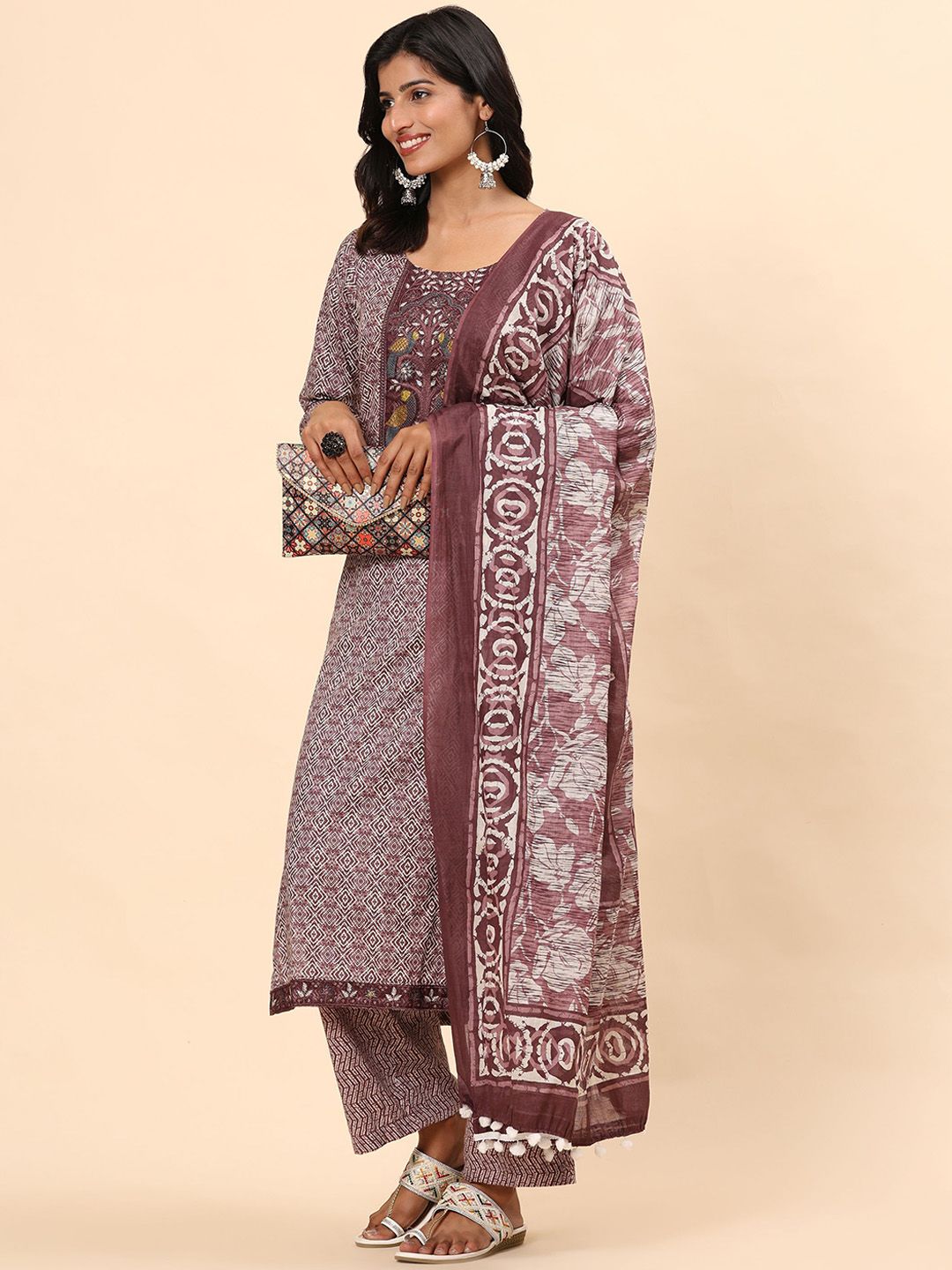 Mamicha Women Printed Regular Thread Work Pure Cotton Kurta with Palazzos & With Dupatta