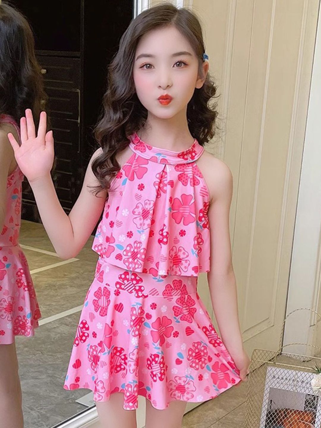 YK Girls Floral Printed Swim Dress