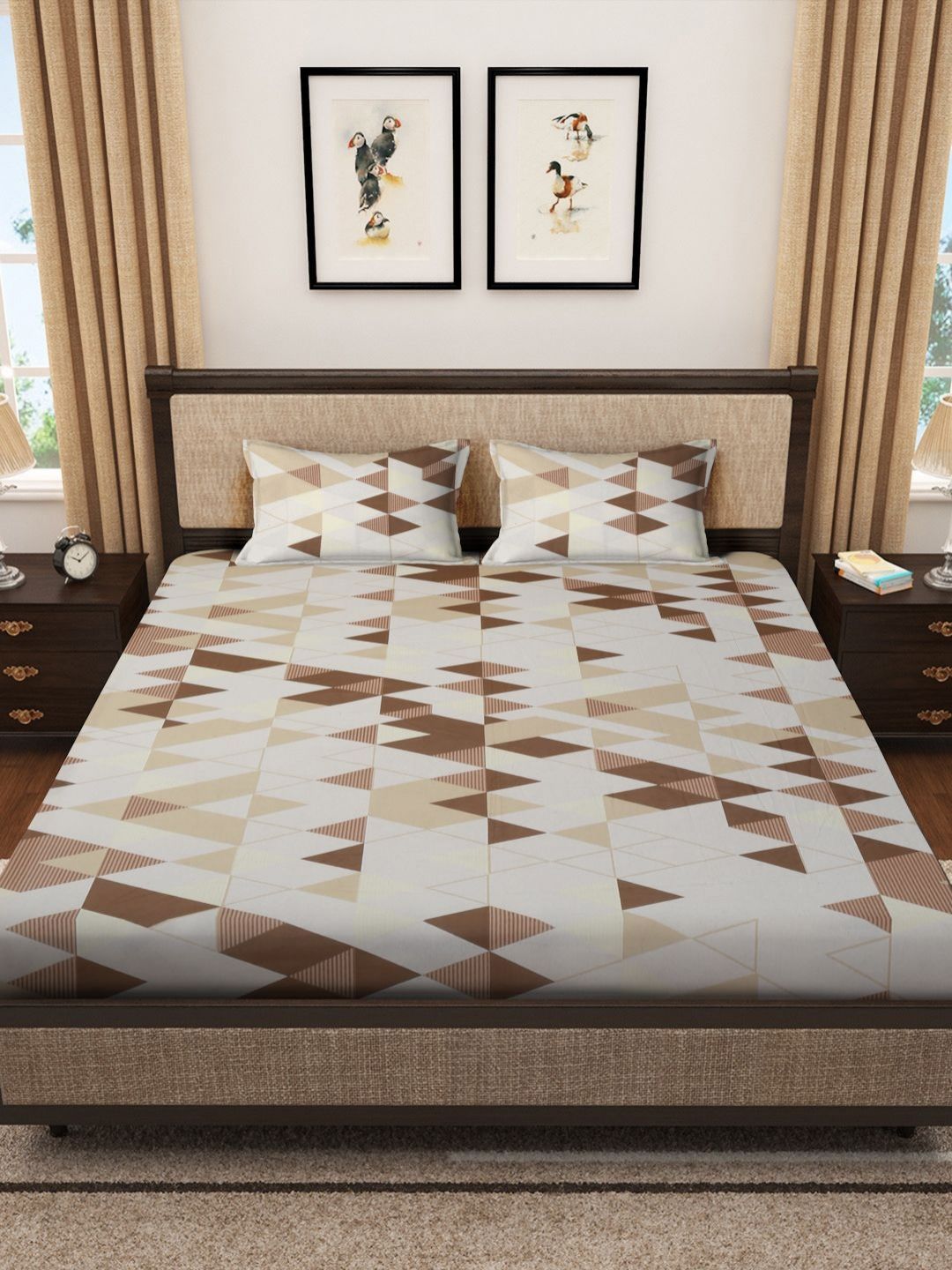 Myntra Elegant Homes White & Beige Geometric 400 TC King Cadar dengan 2 Sarung Bantal