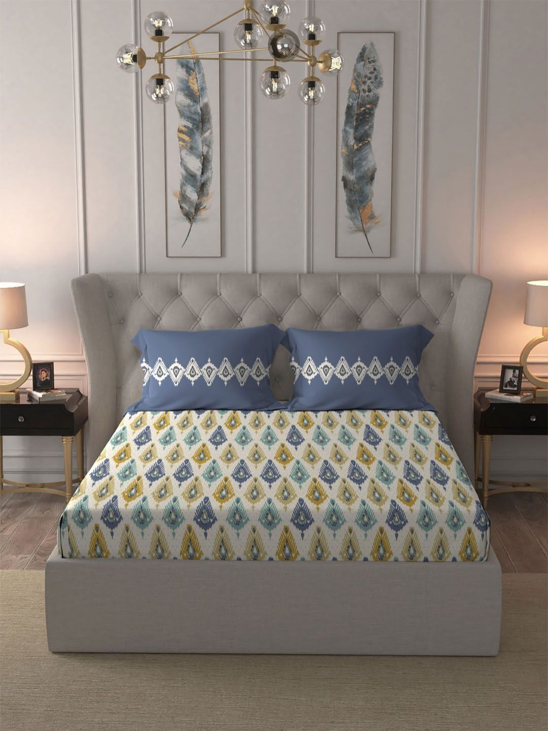 TRIDENT Beacon Yellow Dusk & Dawn Flat 144TC Queen Cotton Bedsheet Set