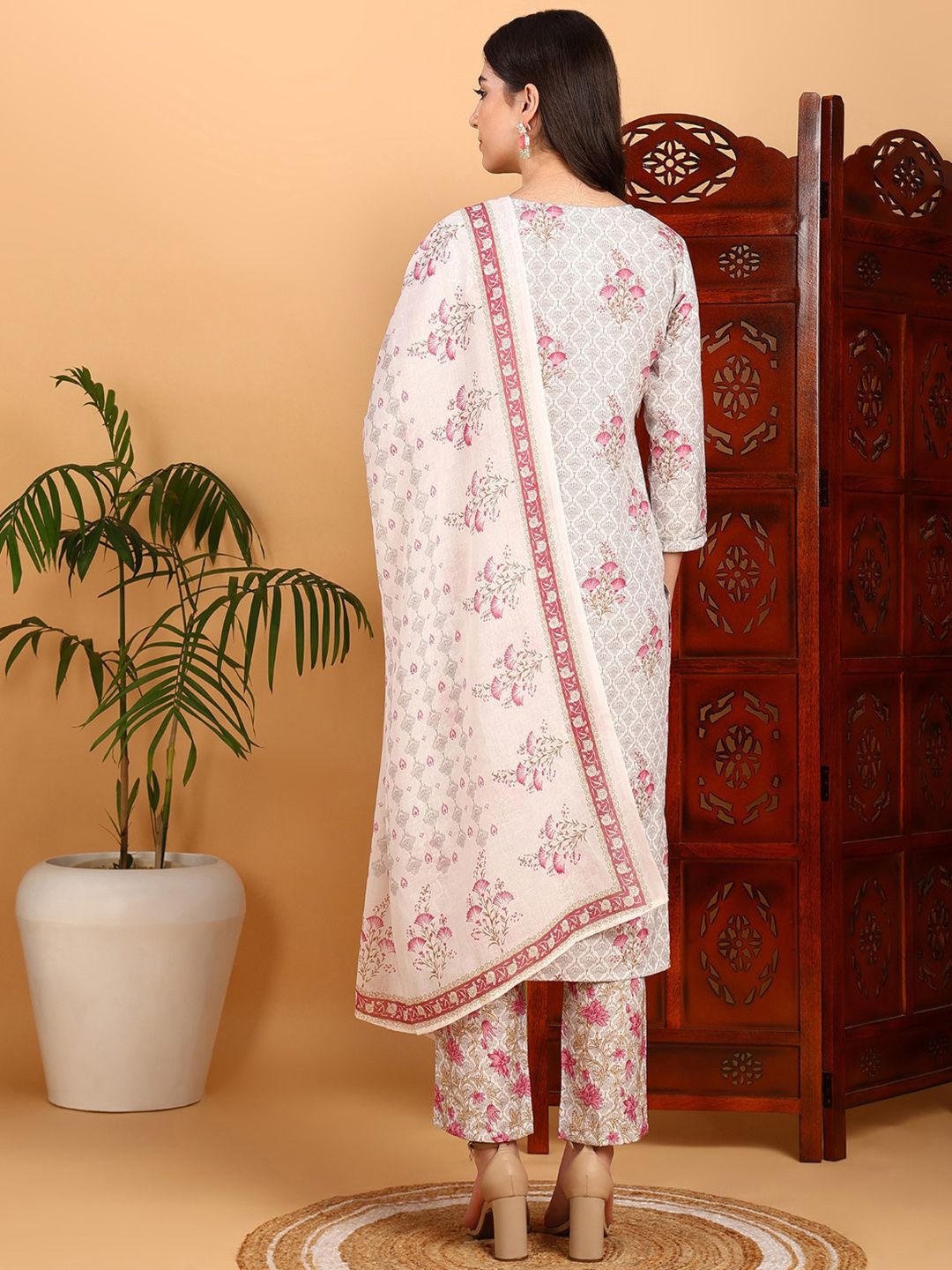 KALINI Floral Printed Mirror Work Straight Kurta with Trousers & Dupatta