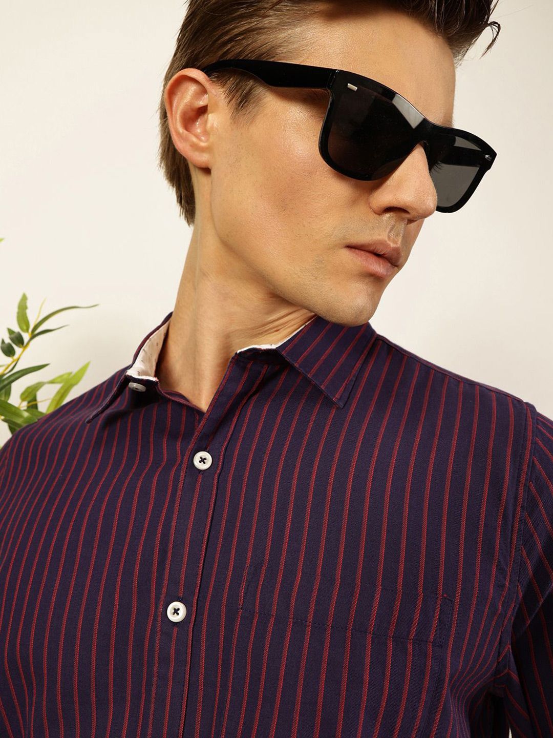 Thomas Scott Men Smart Spread Collar Vertical Striped Cotton Slim Fit Casual Shirt