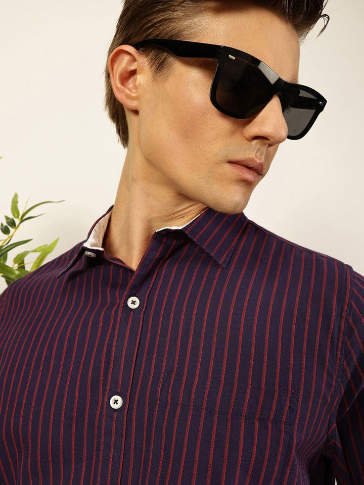 Thomas Scott Men Smart Spread Collar Vertical Striped Cotton Slim Fit Casual Shirt