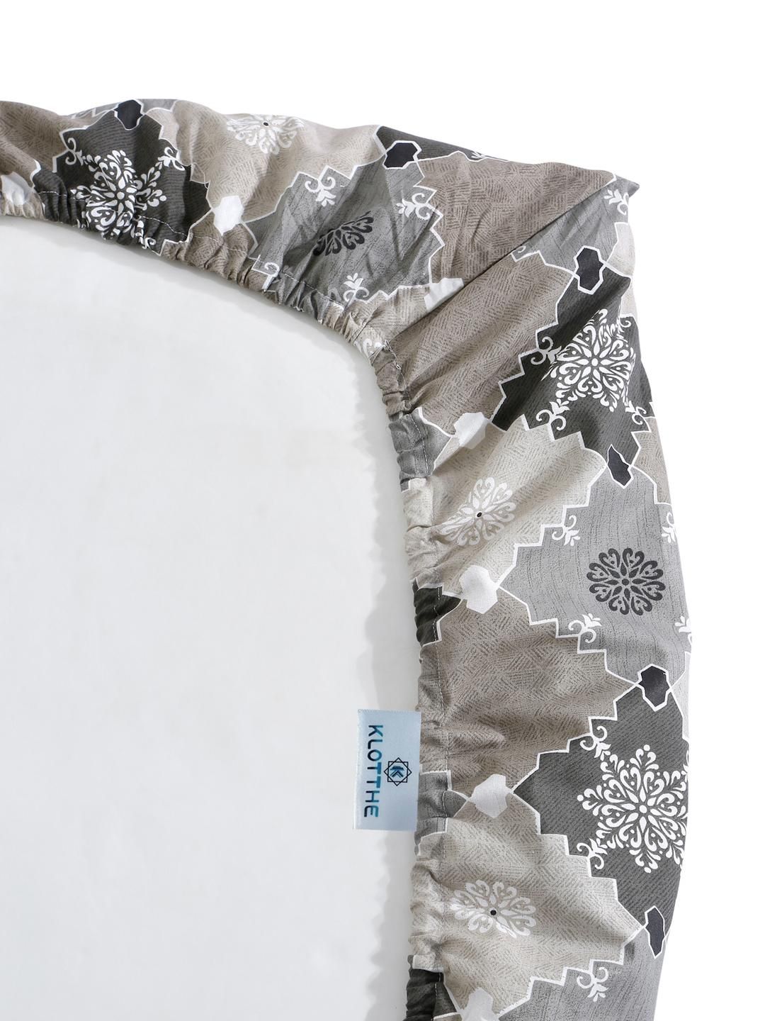 KLOTTHE Grey Ethnic Printed Fitted 400 TC Cotton King Bedsheet & 2 Pillow Covers
