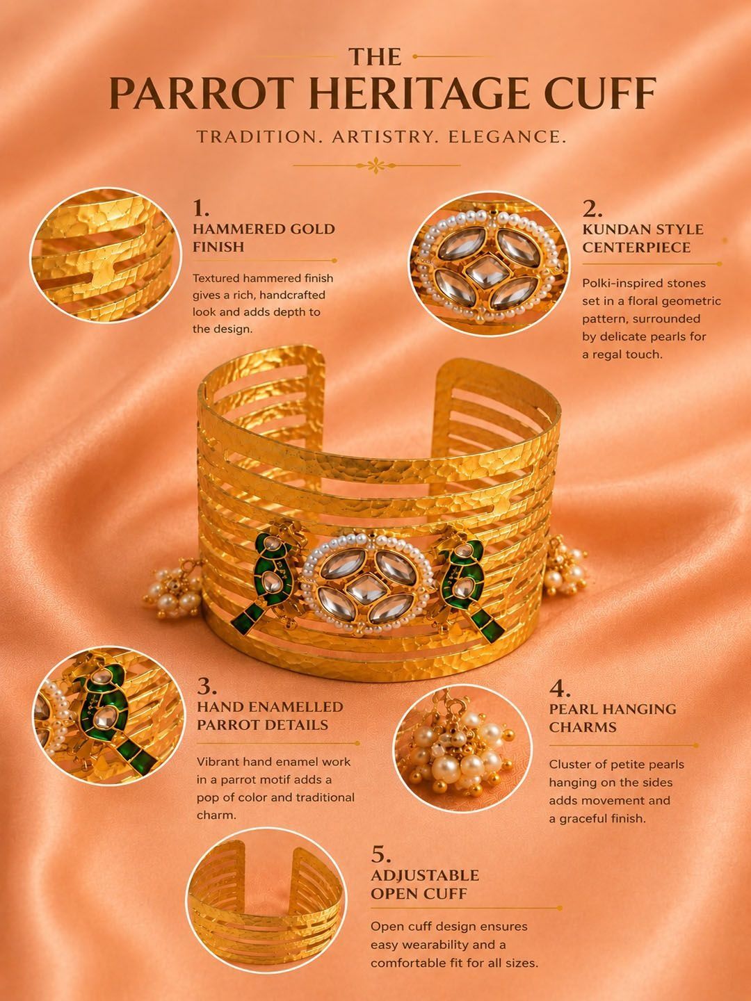 Gelang Cuff Bersalut Emas PANASH Wanita Tembaga Enamel