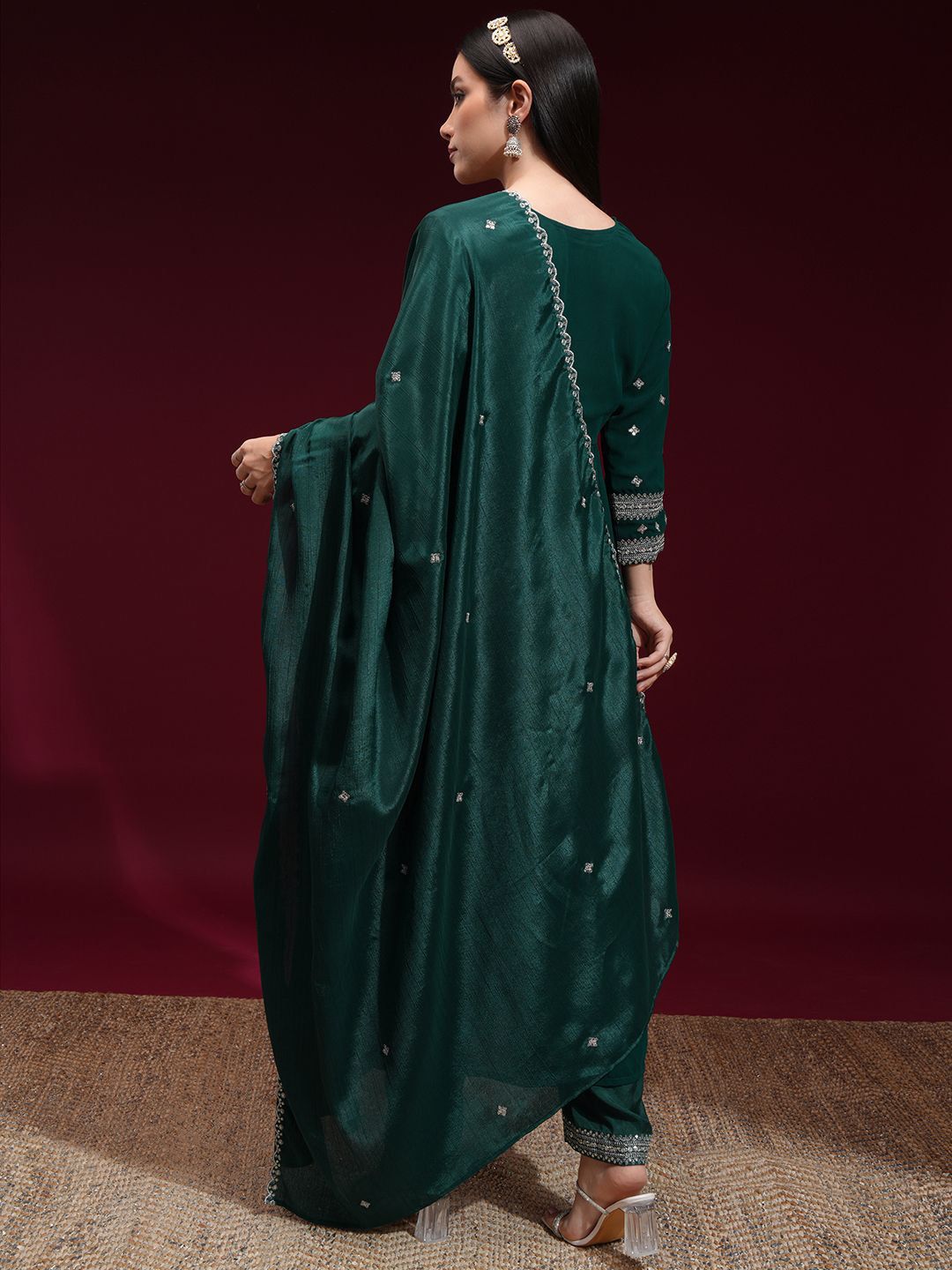 Vishudh Women Embroidered Kurta with Pant and Chinon Chiffon Dupatta