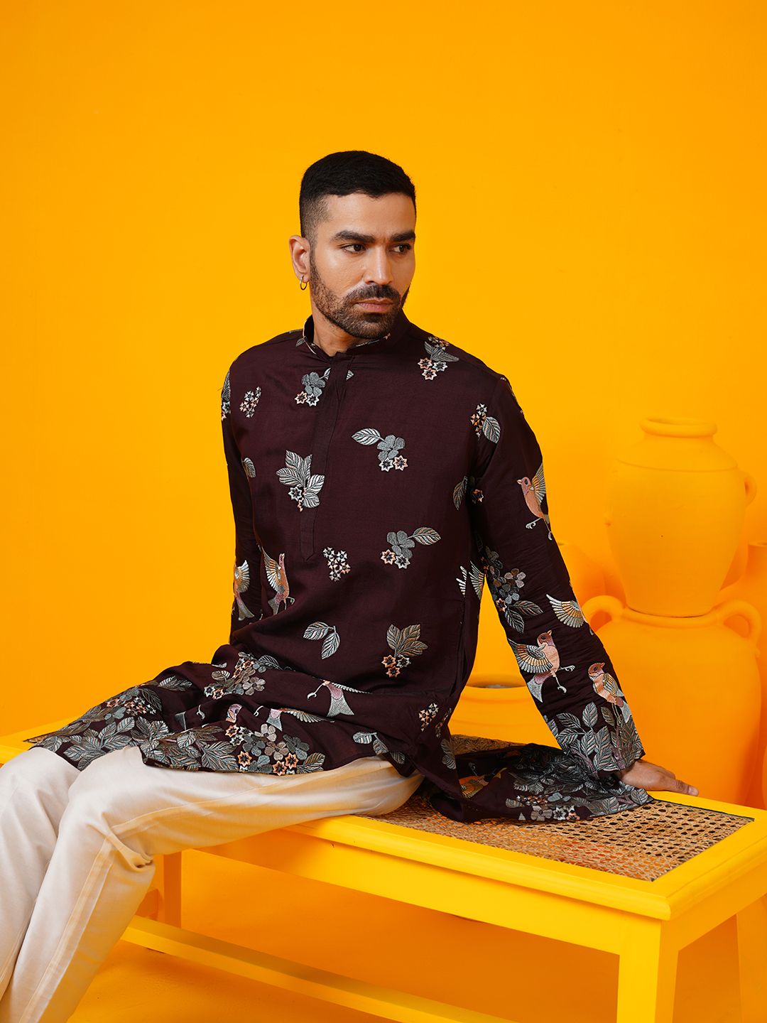 SOJANYA LUXE Floral Embroidered Mandarin Collar Sequinned Straight Kurta With Trouser