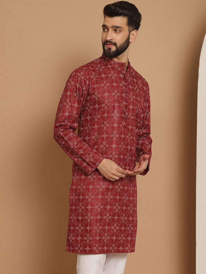 Anouk Men Maroon Geometric Printed Thread Work Pathani Kurta