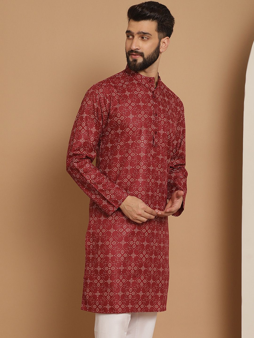 Anouk Men Maroon Geometric Printed Thread Work Pathani Kurta