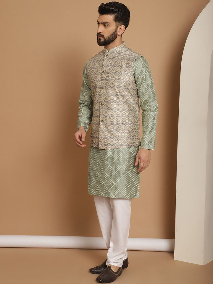 Anouk Men Geometric Embroidered Thread Work Straight Kurta With Churidar & Nehru Jacket