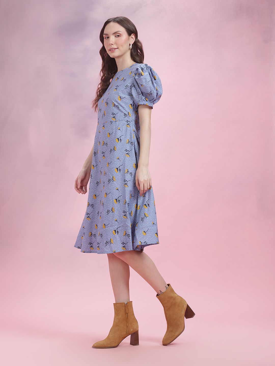 DressBerry Floral Print Puff Sleeve A-Line Dress