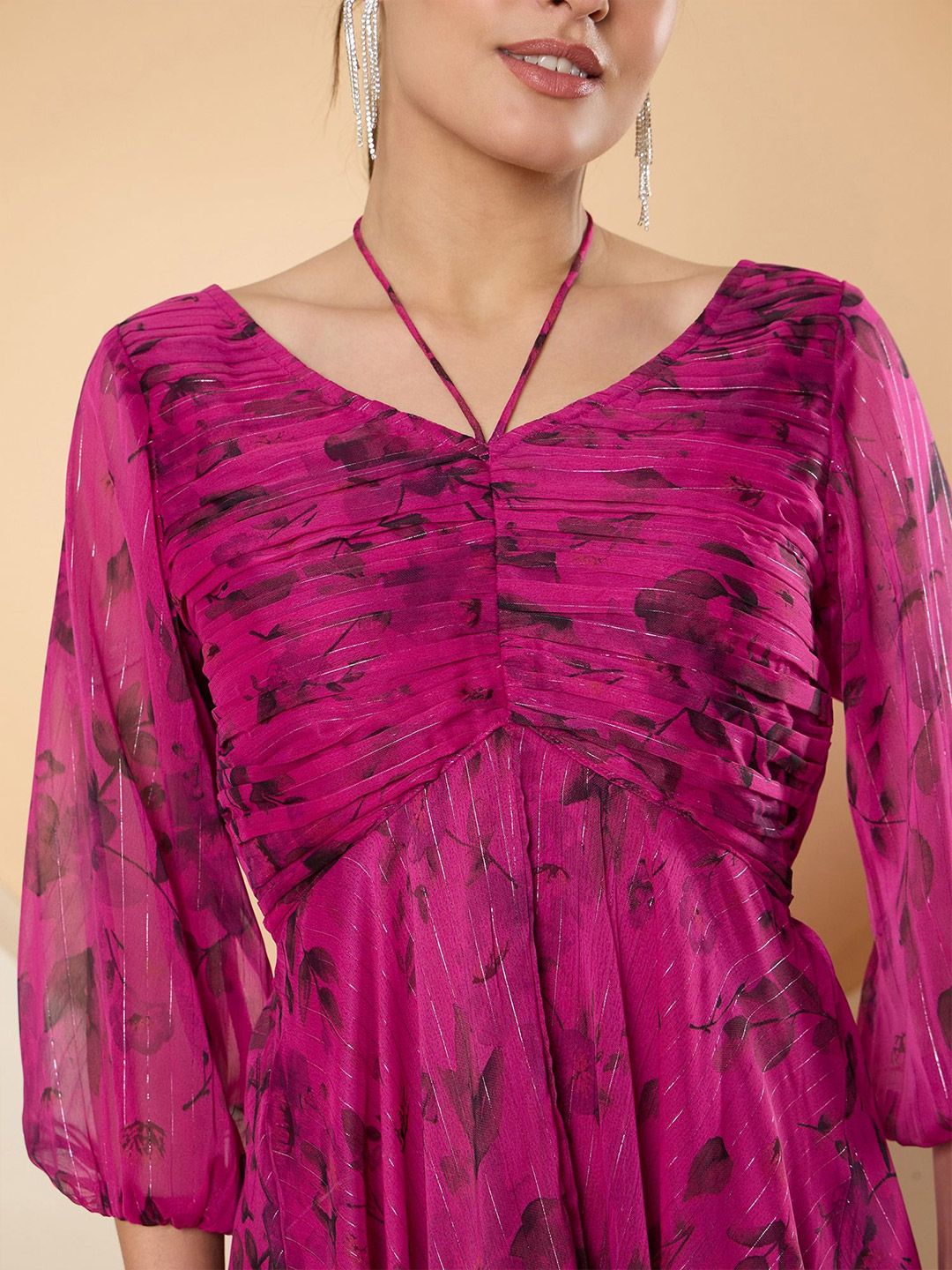 Antheaa Floral Puff Sleeve Chiffon Empire Dress