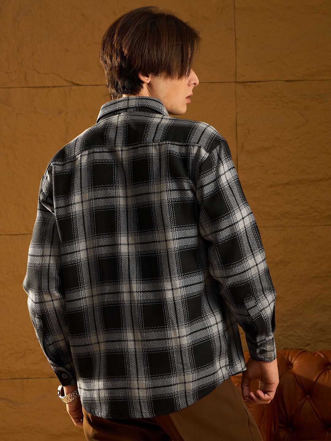 DENNISON Men Double Pocket Drop Shoulder Oversized Cotton Checked Shacket