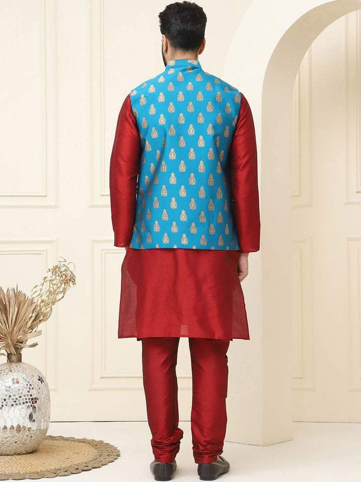 SOJANYA Mandarin Collar Silk Cotton Kurta With Churidar & Woven Design Nehru Jacket