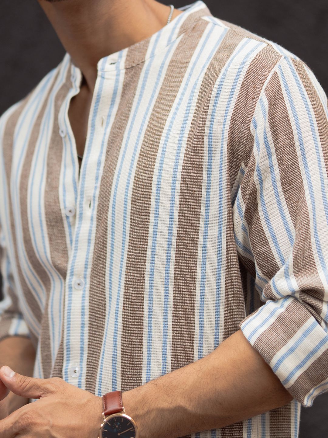 Powerlook Men Band Collar Vertical Striped Cotton Casual Shirt