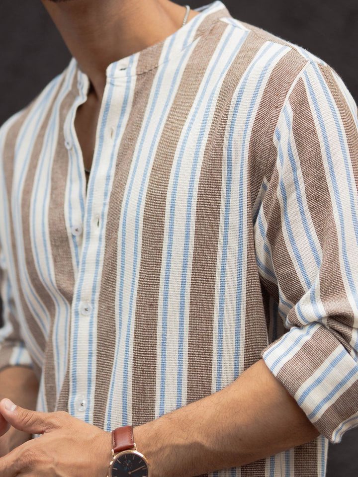 Powerlook Men Band Collar Vertical Striped Cotton Casual Shirt