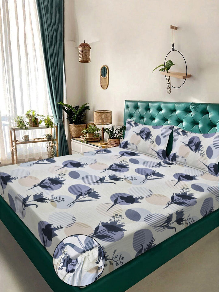 Aura White & Grey 300 TC Floral Fitted Double King Bedsheet Set 2.50 m x 2.25 m