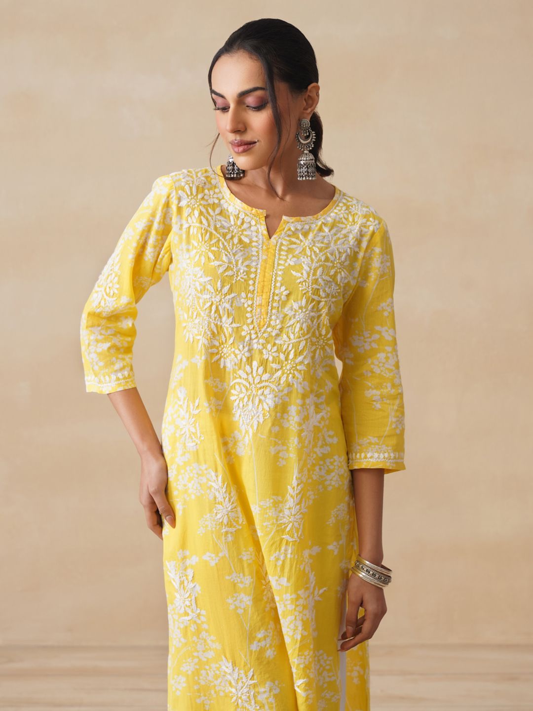 House of Chikankari Women Yellow Mulmul Chikankari Embroidered Kurta