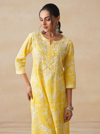 House of Chikankari Women Yellow Mulmul Chikankari Embroidered Kurta