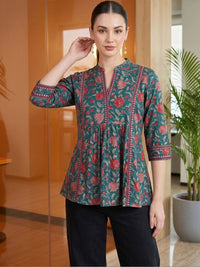 Mamicha Floral Print Mandarin Collar Cotton Peplum Top