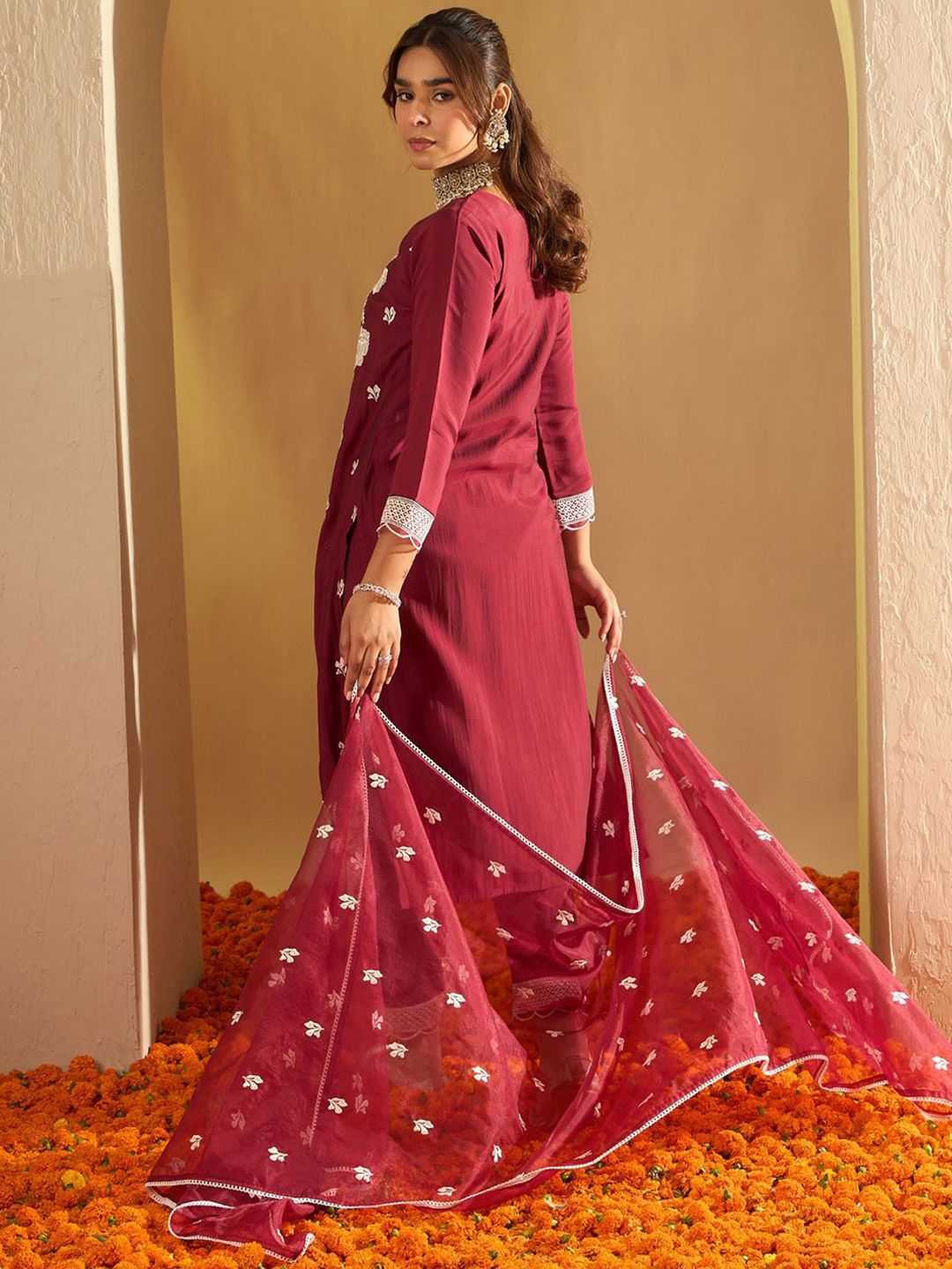Indo Era Floral Embroidered Straight Thread Work Kurta with Trousers & Dupatta
