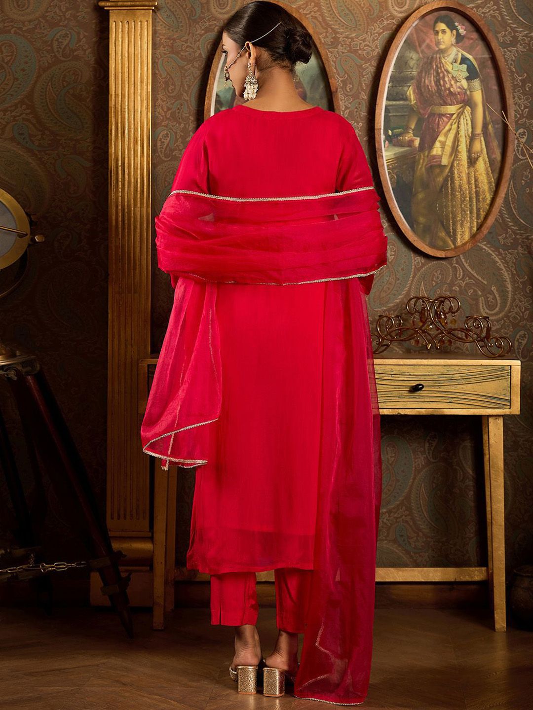 Indo Era Floral Zari Embroidered Straight Kurta with Trouser & Dupatta