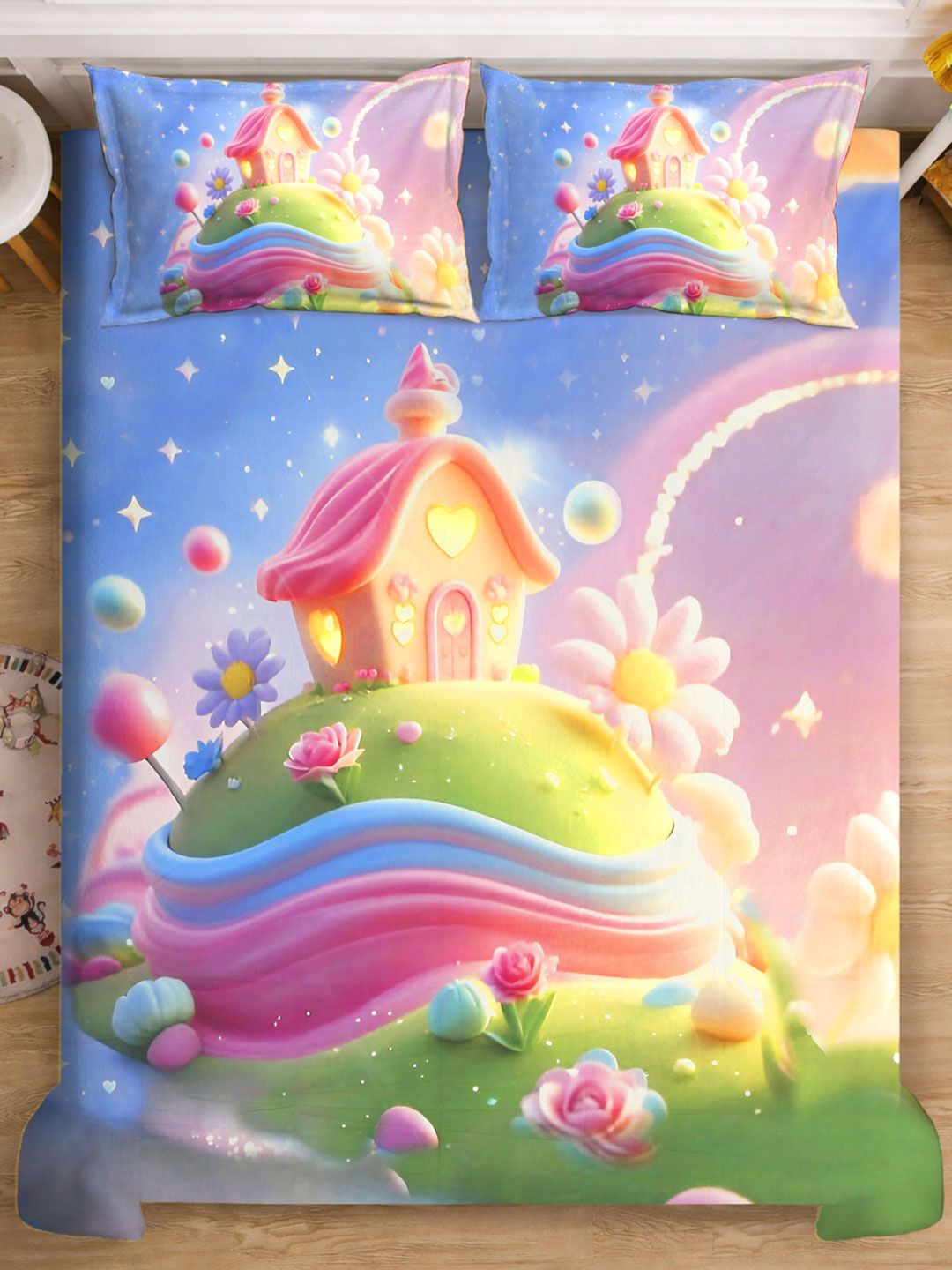 KLOTTHE Blue Cartoon Characters  Printed 400 TC King Superfine Bedsheets