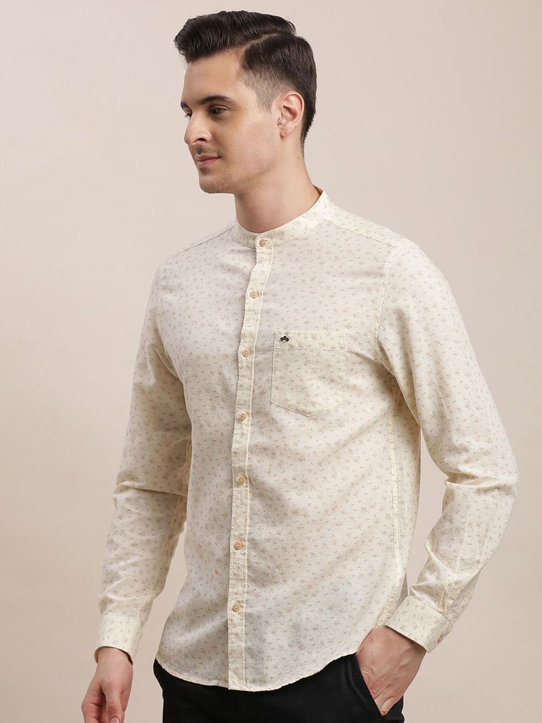 Turtle Men Relaxed Mandarin Collar Micro Ditsy Printed Cotton Linen Slim Fit Casual Shirt