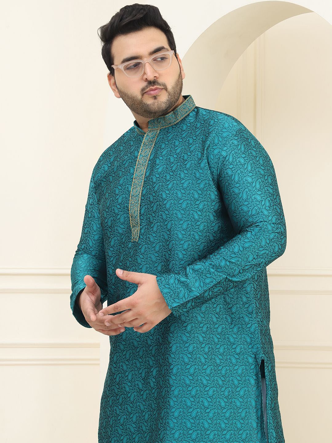 SOJANYA PLUS Rekaan Tenun Bunga Mandarin Collar Kurta Lurus Biasa dengan Piyama