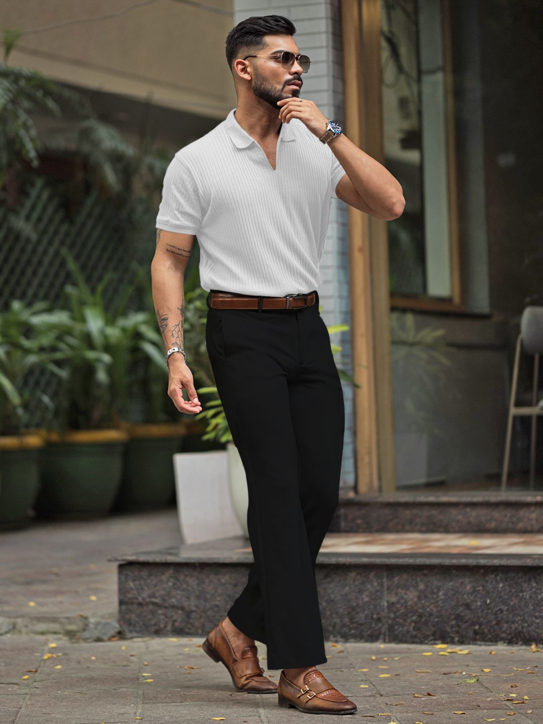 Powerlook Men Self Design Polo Collar Cotton T-shirt