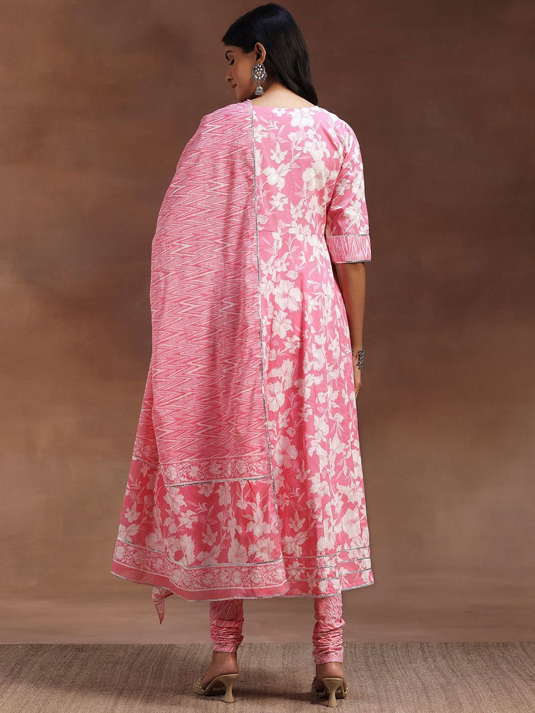 Libas Floral Printed Panelled Thread Work Pure Cotton Anarkali Kurta & Churidar & Dupatta